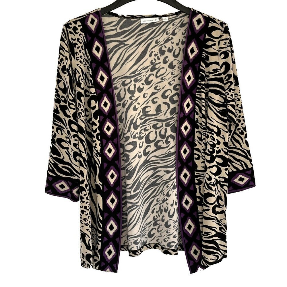 Susan Graver Liquid Knit Cardigan sz M 3/4 Sleeve Tribal Animal Print Office